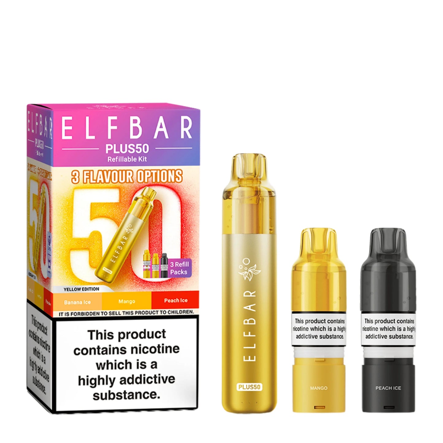 Elf Bar Plus 50 Prefilled Pod Kit in Yellow Edition – rechargeable pod vape kit with 800mAh built-in battery and prefilled flavour pods for convenient vaping