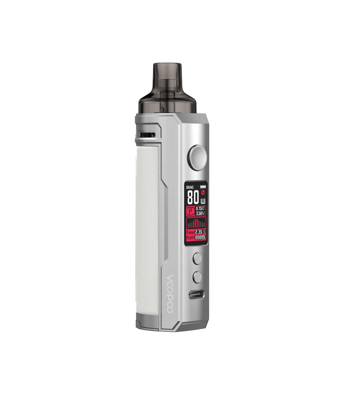 Voopoo Drag X Pod Mod Kit in Silver and White – stylish and powerful vape kit featuring a silver frame with bold white leather grip, up to 80W output, GENE.TT chipset, and PnP pod compatibility for a versatile sub-ohm experience.