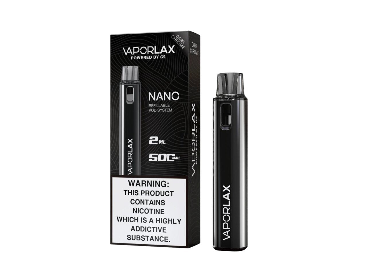 Vaporlax Nano Pod Kit in Dark Chrome – compact and stylish vape device with a sleek metallic finish and modern design.