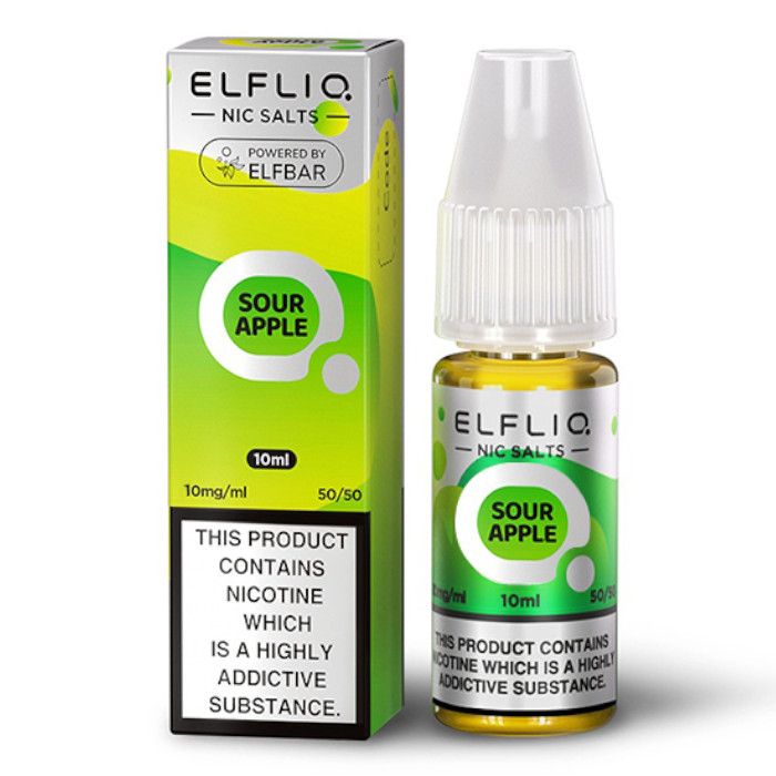 A product image showing a bottle of ELFBAR ElfLiq Nic Salts in Sour Apple flavor, alongside its packaging box. The bottle has a label with nicotine content information and a green and white color scheme.