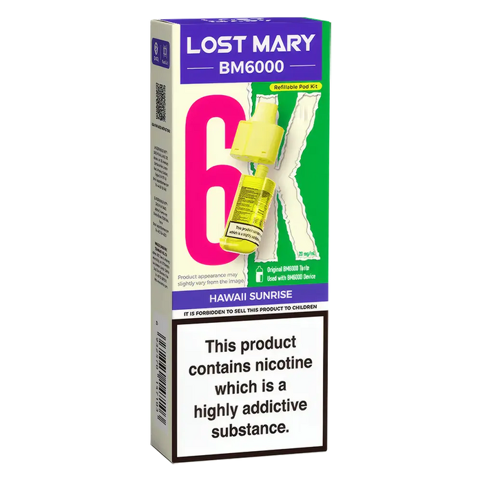 Lost Mary BM6000 prefilled vape pods in Hawaii Sunrise flavor, designed with a sleek and ergonomic body, rechargeable battery via USB-C, built-in mesh coil for enhanced flavor, and offering up to 6000 puffs for a smooth, long-lasting vaping experience.