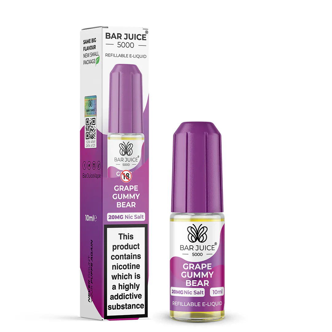 The image shows a product packaging for Bar Juice 5000 Grape Gummy Bear Nic Salt Vape juice. The packaging is predominantly purple with images of a grape and a bear, indicating the flavor and product type.
