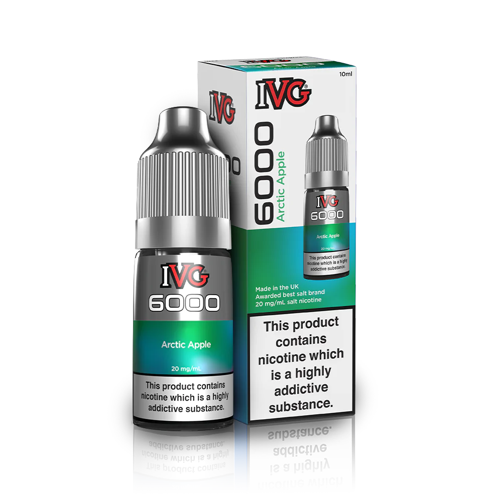 10ml bottle of IVG 6000 Nicotine Salt Vape Juice in Strawberry Raspberry Crush flavor, blending crisp green apple with an icy menthol twist; available in 10mg and 20mg strengths, featuring a smooth nic salt formula perfect for pod kits and mouth-to-lung vaping.