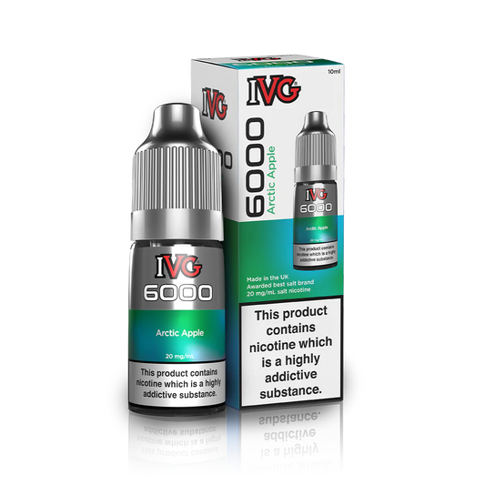 10ml bottle of IVG 6000 Nicotine Salt Vape Juice in Strawberry Raspberry Crush flavor, blending crisp green apple with an icy menthol twist; available in 10mg and 20mg strengths, featuring a smooth nic salt formula perfect for pod kits and mouth-to-lung vaping.