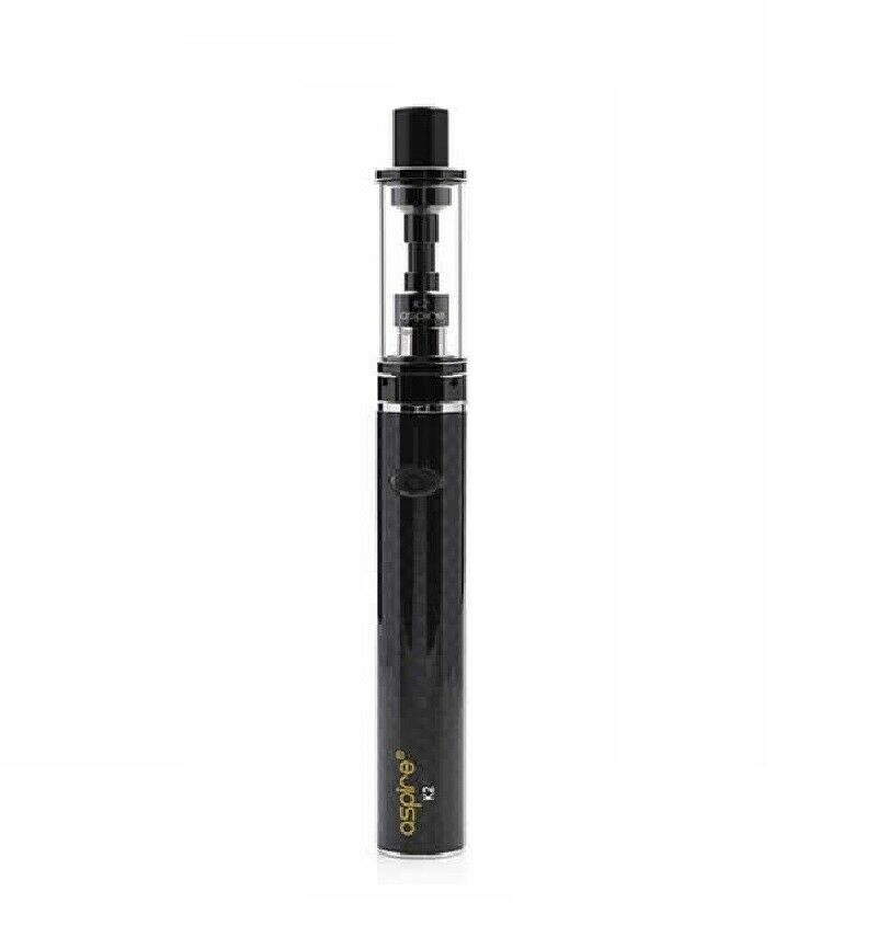 Aspire K2 18W Black starter vape pen kit with 800mAh rechargeable battery, clearomizer tank, and USB charging