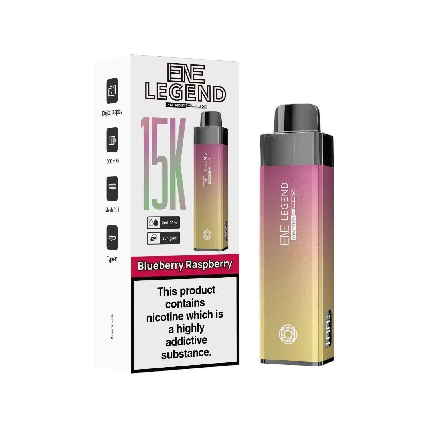 Elux ENE Legend 15K Prefilled Pod Kit in Blueberry Raspberry Ice – rechargeable pod vape kit with 1000mAh built-in battery.