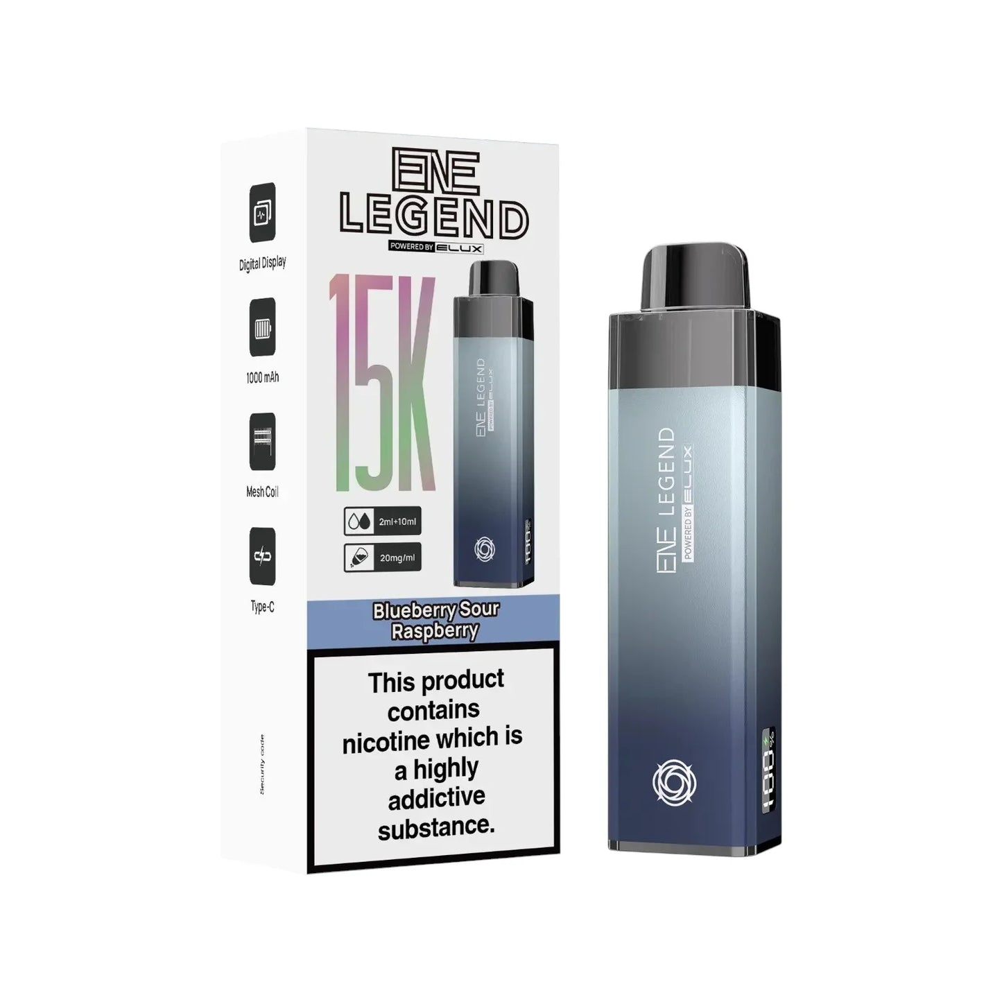 Elux ENE Legend 15K Prefilled Pod Kit in Blueberry Sour Raspberry -– rechargeable pod vape kit with 1000mAh built-in battery.