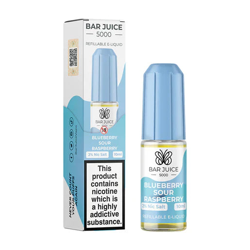 Bar Juice 5000 e-liquid bottle next to its packaging box, with the product label indicating Blueberry Sour Raspberry flavor and nicotine content.