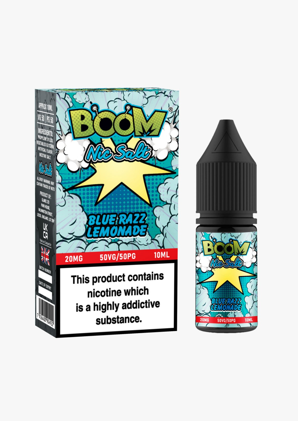 10ml bottle of Boom Nic Salt E-Liquid in Creamy Tobacco flavor, 50/50 VG/PG ratio for balanced flavor and vapor, available in 10mg and 20mg nicotine salt strengths, perfect for pod kits.