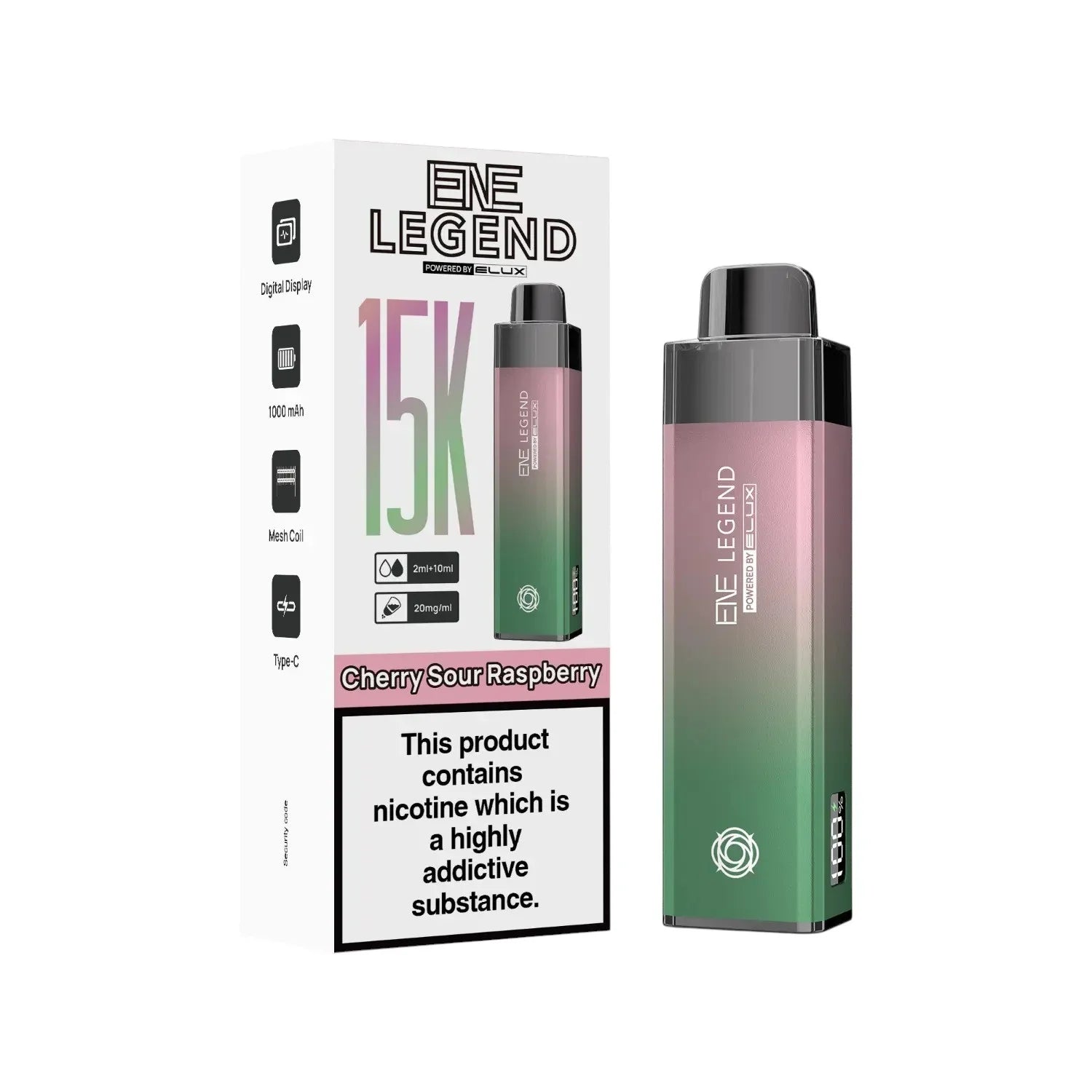 Elux ENE Legend 15K Prefilled Pod Kit in Cherry Sour Raspberry – rechargeable pod vape kit with 1000mAh built-in battery.
