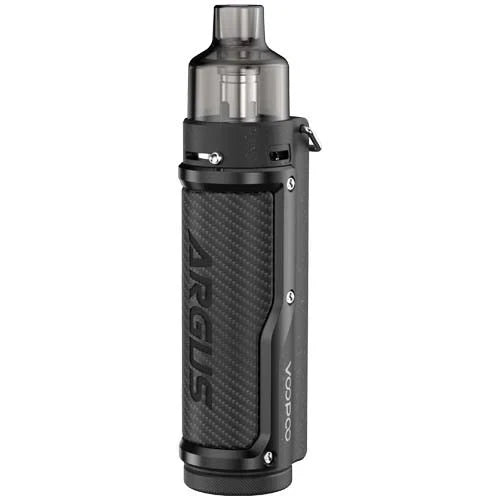 Voopoo Argus Pro Vape Pod Kit in Carbon Fiber and Black – rugged and stylish vape device with a high-performance GENE.TT chip, and adjustable wattage control.