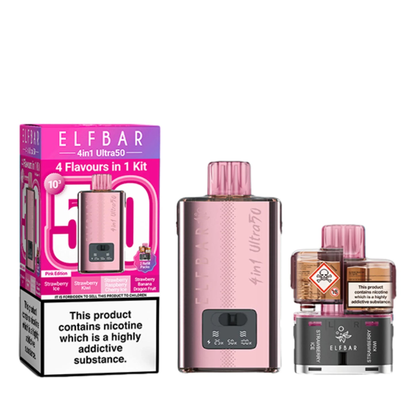 Elf Bar 4 in 1 Ultra 50 Pod Kit in Pink Edition – rechargeable pod system with 650mAh battery and four prefilled flavour pods for convenient vaping.