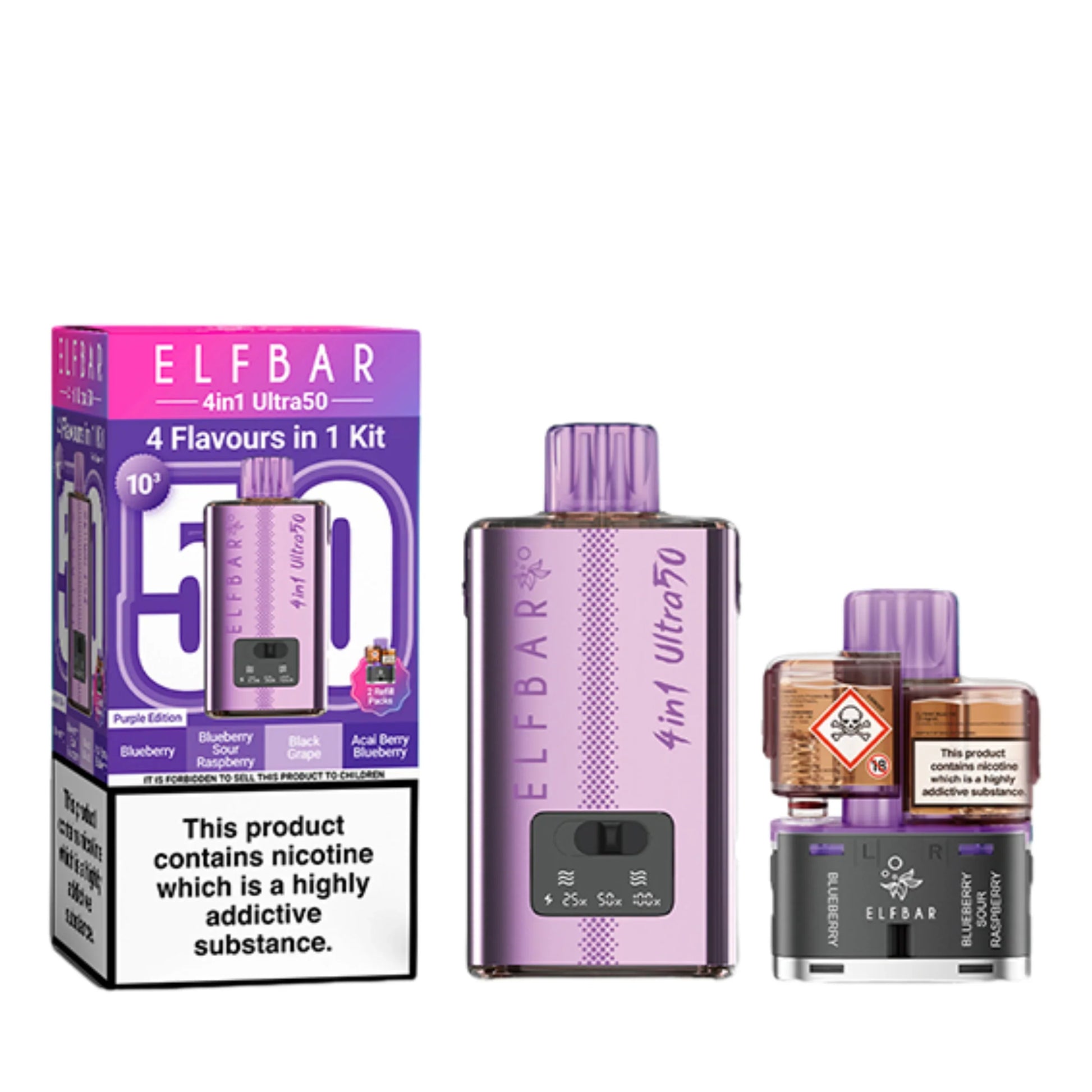 Elf Bar 4 in 1 Ultra 50 Pod Kit in Purple Edition – rechargeable pod system with 650mAh battery and four prefilled flavour pods for convenient vaping.
