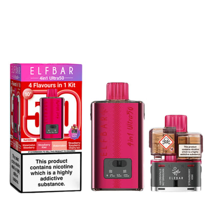 Elf Bar 4 in 1 Ultra 50 Pod Kit in Red Edition – rechargeable pod system with 650mAh battery and four prefilled flavour pods for convenient vaping.