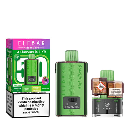 Elf Bar 4 in 1 Ultra 50 Pod Kit in Special Edition – rechargeable pod system with 650mAh battery and four prefilled flavour pods for convenient vaping.