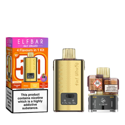 Elf Bar 4 in 1 Ultra 50 Pod Kit in Tropical Edition – rechargeable pod system with 650mAh battery and four prefilled flavour pods for convenient vaping.