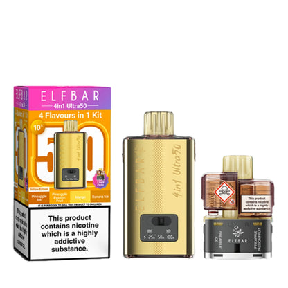 Elf Bar 4 in 1 Ultra 50 Pod Kit in Yellow Edition – rechargeable pod system with 650mAh battery and four prefilled flavour pods for convenient vaping.
