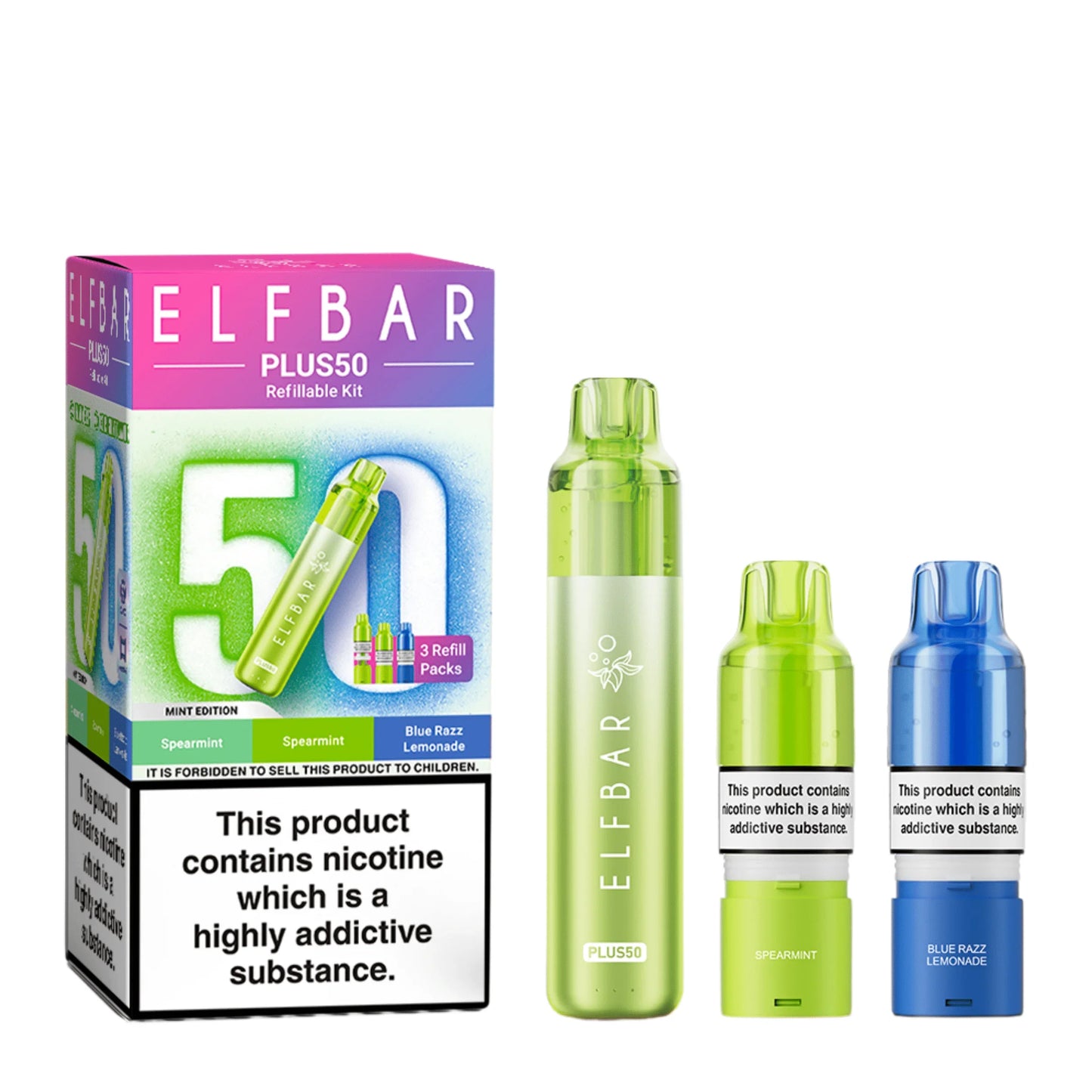 Elf Bar Plus 50 Prefilled Pod Kit in Mint Edition – rechargeable pod vape kit with 800mAh built-in battery and prefilled flavour pods for convenient vaping
