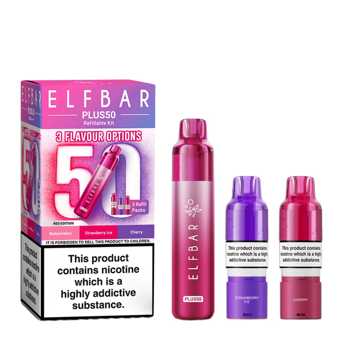Elf Bar Plus 50 Prefilled Pod Kit in Red  Edition – rechargeable pod vape kit with 800mAh built-in battery and prefilled flavour pods for convenient vaping