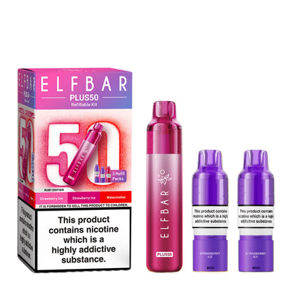 Elf Bar Plus 50 Prefilled Pod Kit in Ruby Edition – rechargeable pod vape kit with 800mAh built-in battery and prefilled flavour pods for convenient vaping