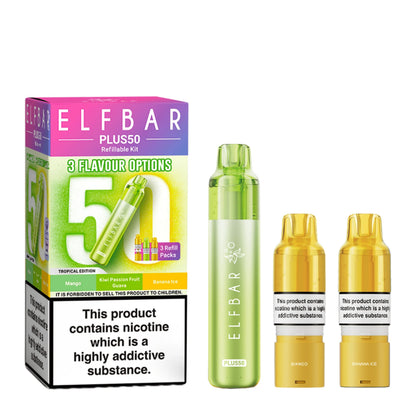 Elf Bar Plus 50 Prefilled Pod Kit in Tropical Edition – rechargeable pod vape kit with 800mAh built-in battery and prefilled flavour pods for convenient vaping