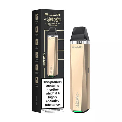 Elux Cyberover P1 refillable vape kit in Golden, featuring a modern sleek design with refillable pods, adjustable airflow, rechargeable USB-C battery, and durable construction for a customizable vaping experience