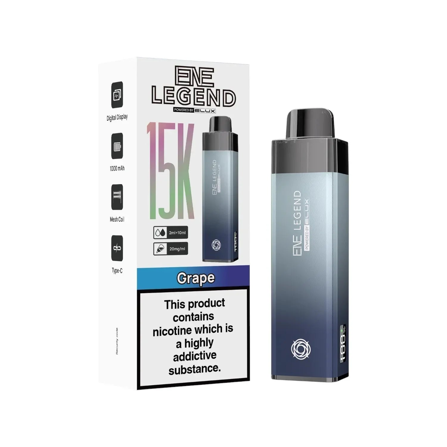 Elux ENE Legend 15K Prefilled Pod Kit in Grape – rechargeable pod vape kit with 1000mAh built-in battery.