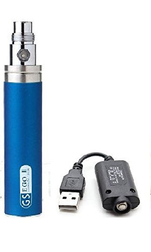 GS eGo II 2200mAh high-capacity vape battery in Blue with USB charger, designed for long-lasting vaping sessions.