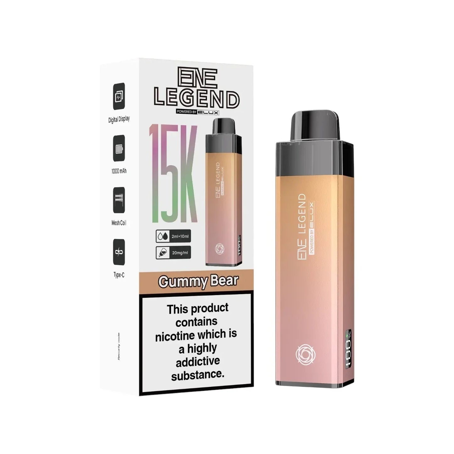 Elux ENE Legend 15K Prefilled Pod Kit in Gummy Bear – rechargeable pod vape kit with 1000mAh built-in battery.