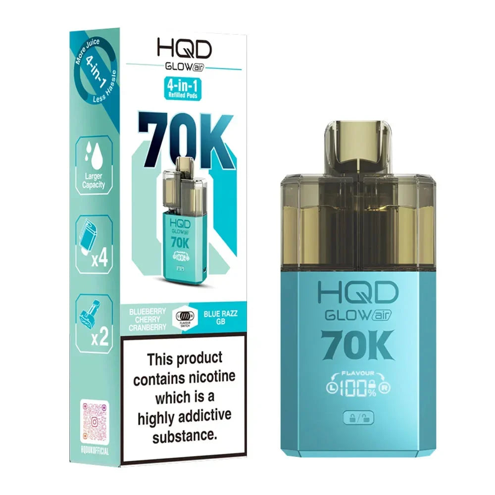 HQD Glow Air 70K 4-in-1 Rechargeable Prefilled Pod Kit in Blueberry Cherry Cranberry & Blue Razz GB – 20mg nicotine strength disposable-style vape with multiple flavors.