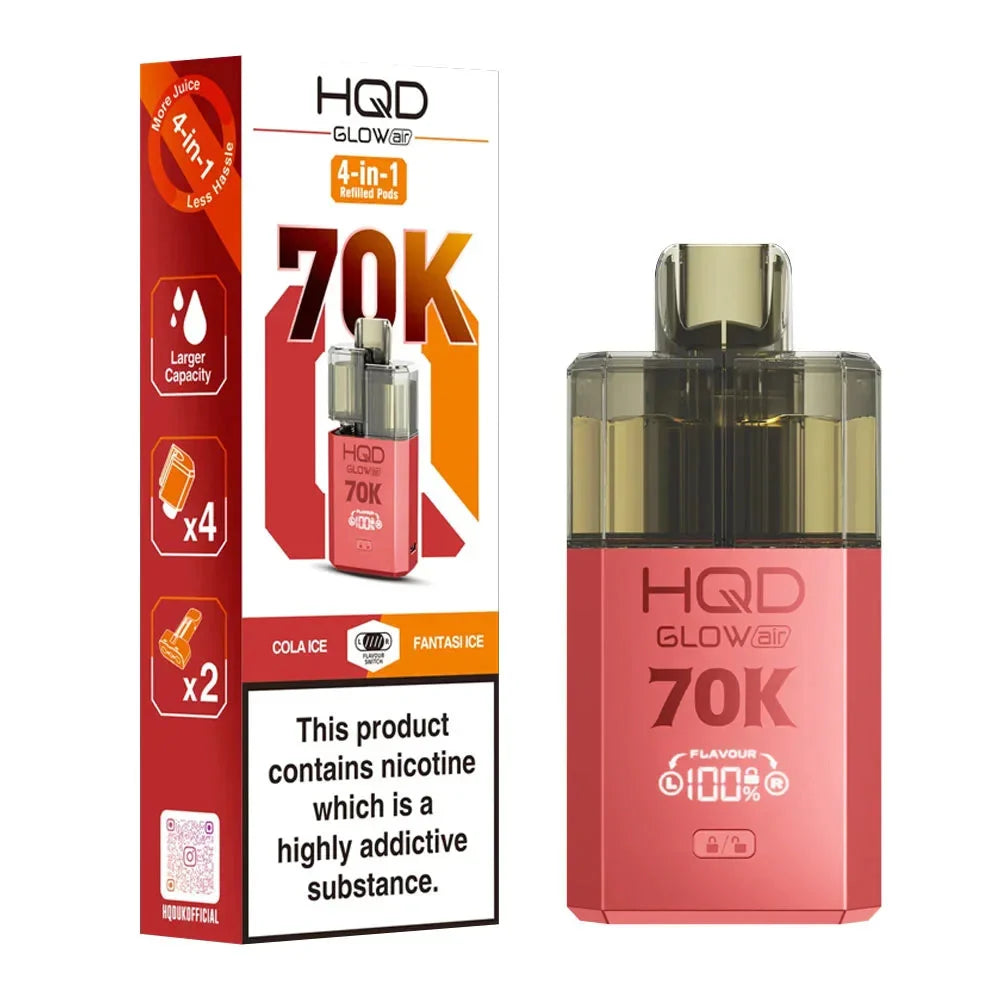 HQD Glow Air 70K 4-in-1 Rechargeable Prefilled Pod Kit in Cola Ice & Fantasi Ice – 20mg nicotine strength disposable-style vape with multiple flavors.