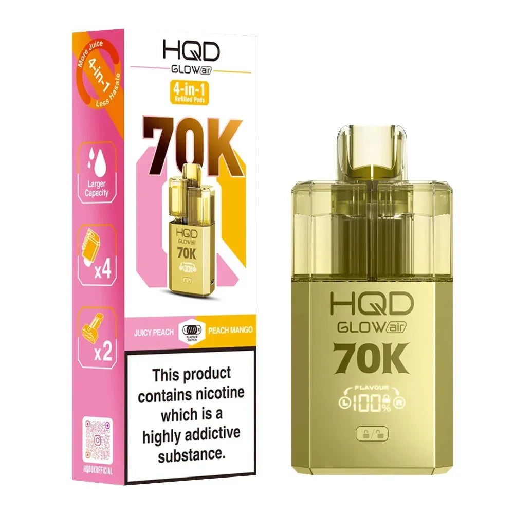 HQD Glow Air 70K 4-in-1 Rechargeable Prefilled Pod Kit in Juicy Peach & Peach Mango – 20mg nicotine strength disposable-style vape with multiple flavors.
