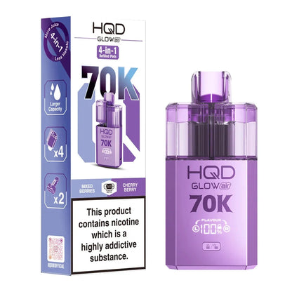HQD Glow Air 70K 4-in-1 Rechargeable Prefilled Pod Kit in Mixed Berries & Cherry Berry – 20mg nicotine strength disposable-style vape with multiple flavors.