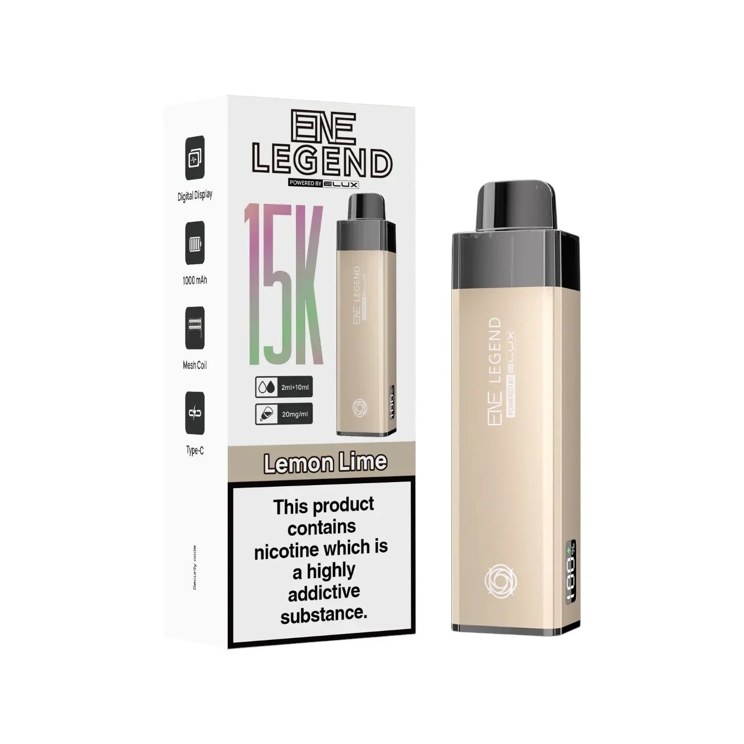 Elux ENE Legend 15K Prefilled Pod Kit in Lemon Lime – rechargeable pod vape kit with 1000mAh built-in battery.