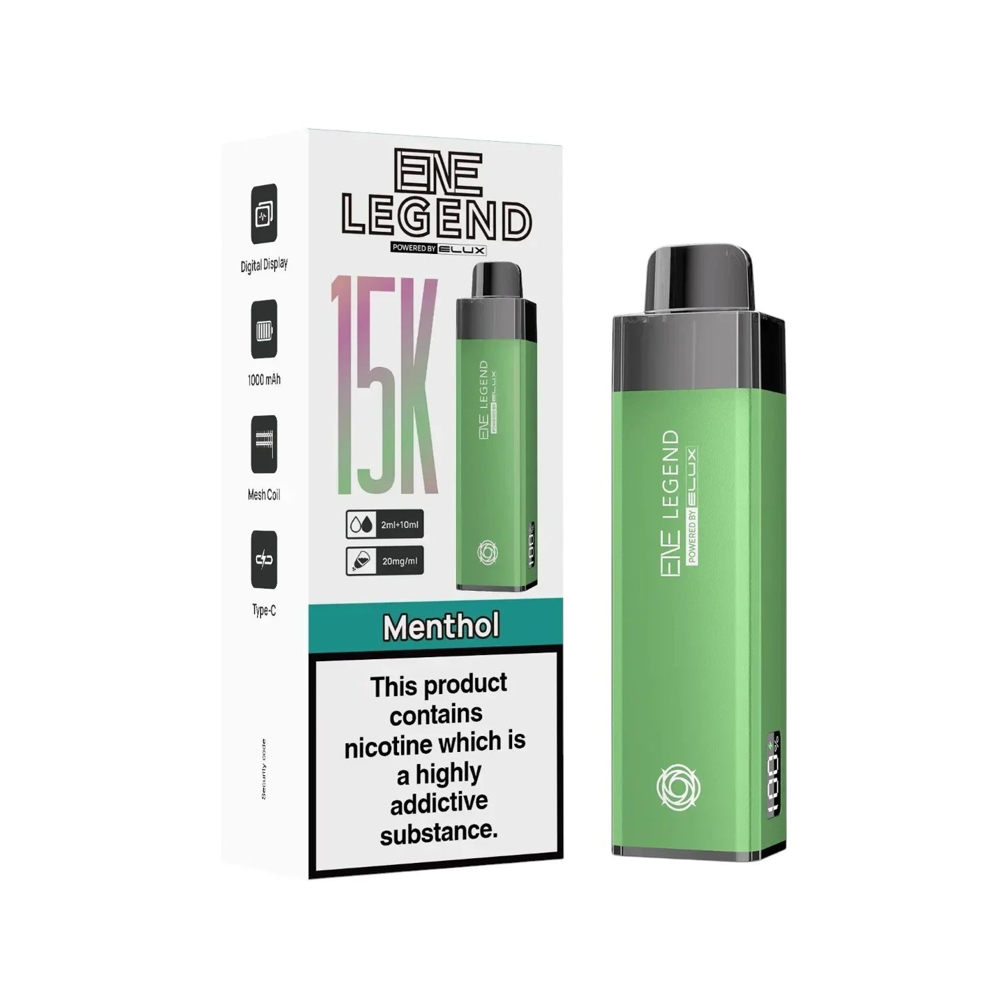 Elux ENE Legend 15K Prefilled Pod Kit in Menthol – rechargeable pod vape kit with 1000mAh built-in battery.
