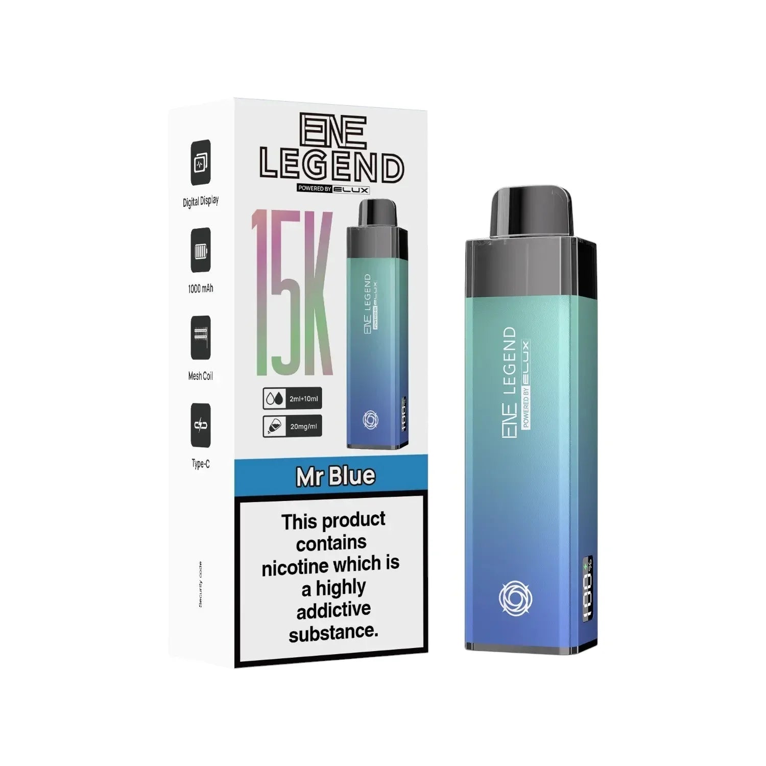 Elux ENE Legend 15K Prefilled Pod Kit in Mr Blue – rechargeable pod vape kit with 1000mAh built-in battery.