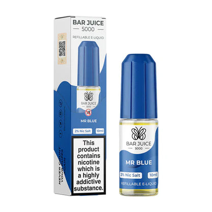 A product image showing a Bar Juice 5000 e-liquid bottle next to its packaging box. The packaging is predominantly blue with graphical elements and text, and the bottle is blue with a white label.
