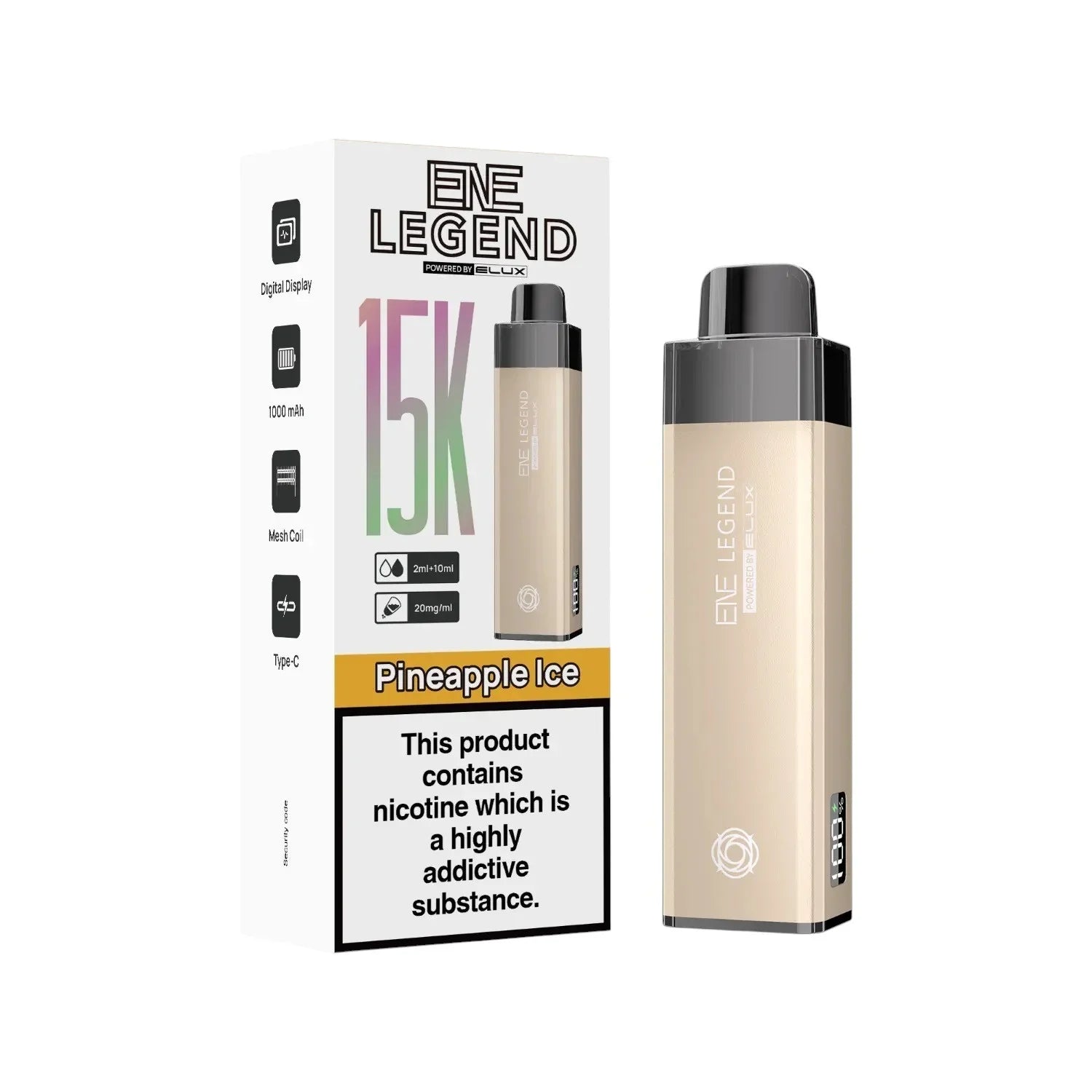 Elux ENE Legend 15K Prefilled Pod Kit in Pineapple Ice – rechargeable pod vape kit with 1000mAh built-in battery.