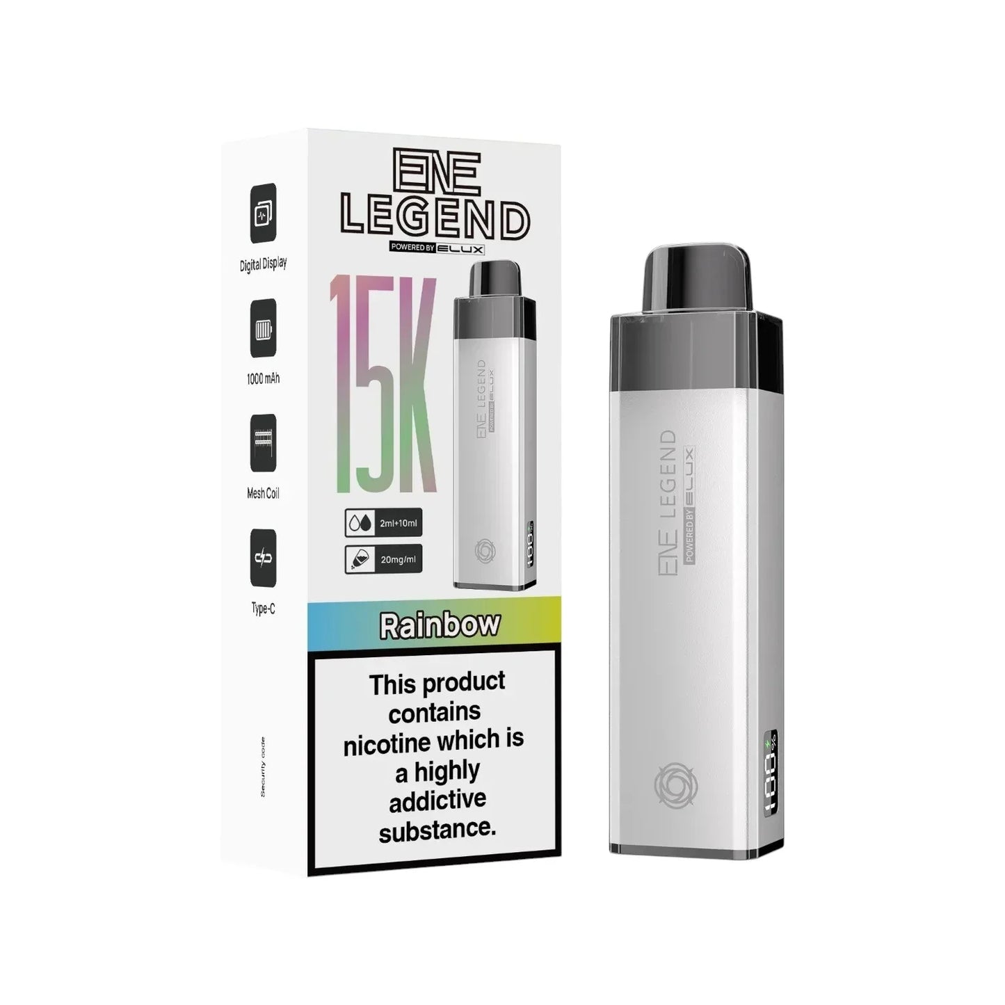 Elux ENE Legend 15K Prefilled Pod Kit in Rainbow – rechargeable pod vape kit with 1000mAh built-in battery.