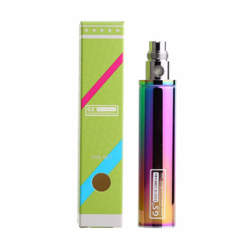 Dual pack of GS eGo III 3200mAh huge capacity vape batteries in Rainbow with long USB charger for extended vaping performance.