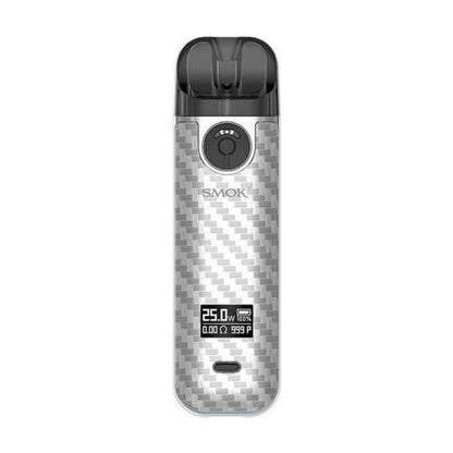 Smok Novo 4 25W Pod Vape Kit in Silver Carbon Fiber – compact and elegant pod system with an adjustable airflow, 25W max output, and replaceable coil design for smooth and customizable vaping.