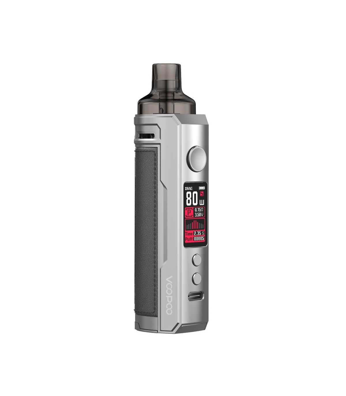 Voopoo Drag X Pod Mod Kit in Silver and Grey – stylish and powerful vape kit featuring a silver frame with bold grey leather grip, up to 80W output, GENE.TT chipset, and PnP pod compatibility for a versatile sub-ohm experience.