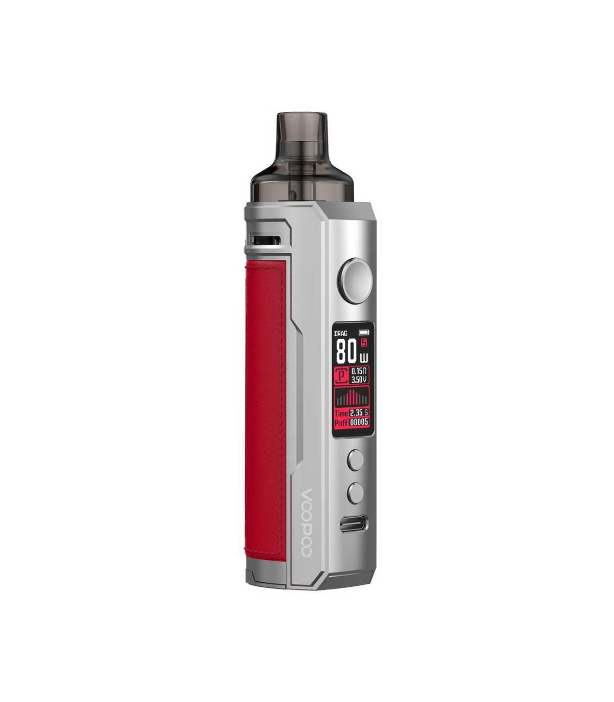 Voopoo Drag X Pod Mod Kit in Silver and Red – stylish and powerful vape kit featuring a silver frame with bold red leather grip, up to 80W output, GENE.TT chipset, and PnP pod compatibility for a versatile sub-ohm experience.