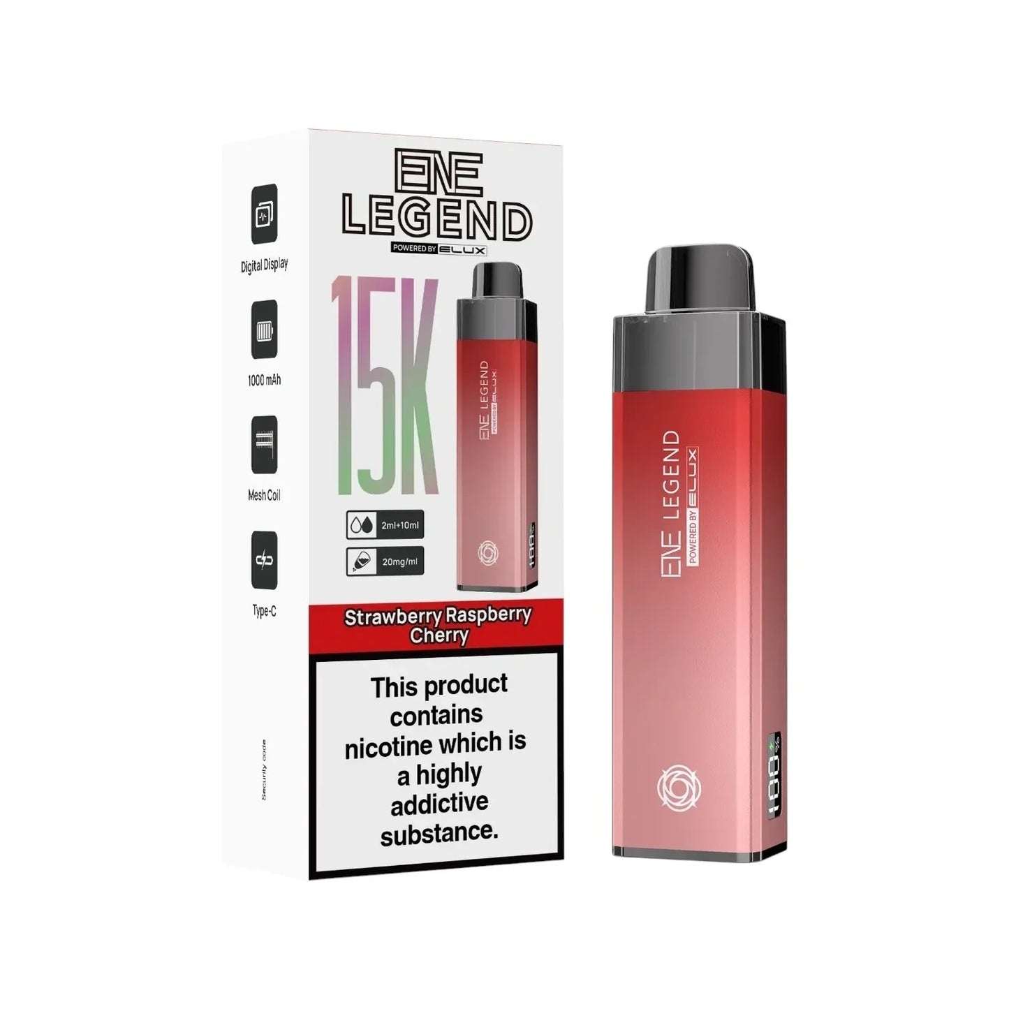 Elux ENE Legend 15K Prefilled Pod Kit in Strawberry Raspberry Cherry – rechargeable pod vape kit with 1000mAh built-in battery.
