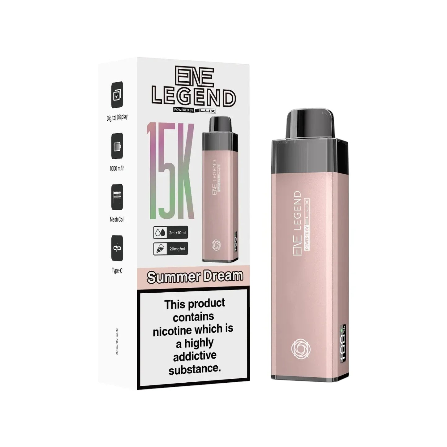 Elux ENE Legend 15K Prefilled Pod Kit in Summer Dream – rechargeable pod vape kit with 1000mAh built-in battery.