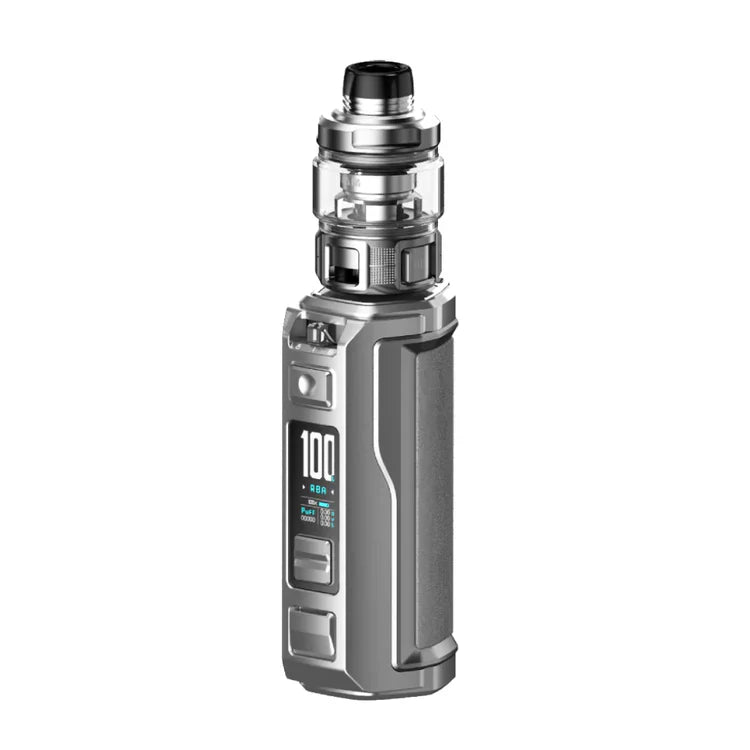 VooPoo Argus XT 100W Starter Kit Device in Silver – durable and high-powered vape mod with a IP68 rating, advanced GENE.TT 2.0 chip, and customizable wattage for sub-ohm vaping.