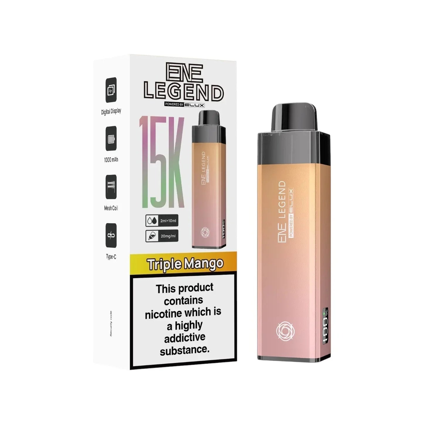 Elux ENE Legend 15K Prefilled Pod Kit in Triple Mango – rechargeable pod vape kit with 1000mAh built-in battery.