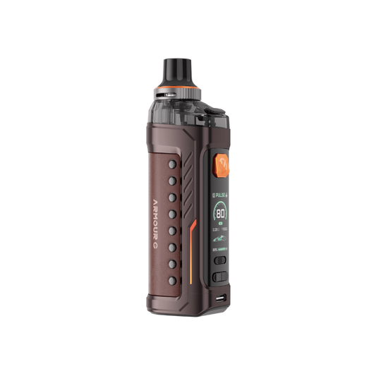Vaporesso Armour G Vape Pod Mod Kit in Brown – rugged and ergonomic vape device with a leather-textured finish, high power output, and smart chipset technology.