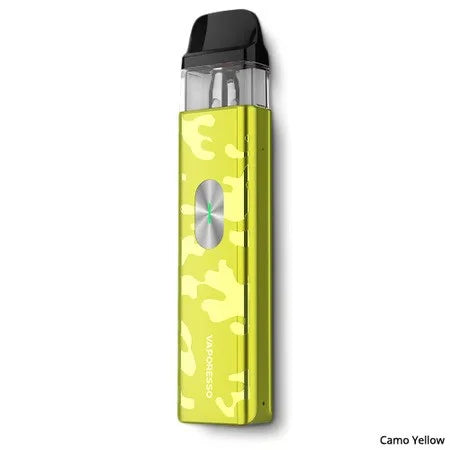Vaporesso XROS 4 Mini Pods Kit in Camo Yellow – compact and stylish vape device with a draw-activated design, and consistent flavor delivery using COREX heating technology.