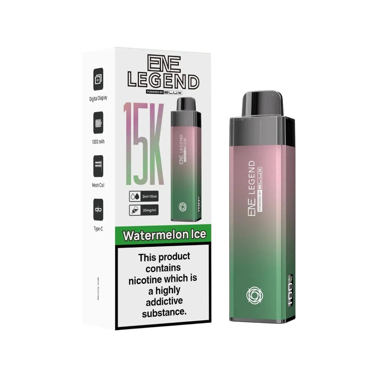 Elux ENE Legend 15K Prefilled Pod Kit in Watermelon Ice – rechargeable pod vape kit with 1000mAh built-in battery.